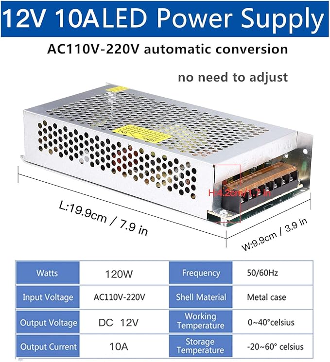 10A 120W 12V DC Power Supply, Universal Regulated Switching AC 110V/220V to DC Converter (SMPS) Transformer Driver Adapter for LED Strip Lights, CCTV Camera System, 3D Printer, Radio, Computer Project