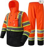 JKSafety Hi-Vis Reflective Safety Rain Jacket and Pants for Men Women Waterproof Rain Gears for Farming Fishing Work HV Rain Suit with Inner Mesh Lining and Pockets (117-Orange XL)