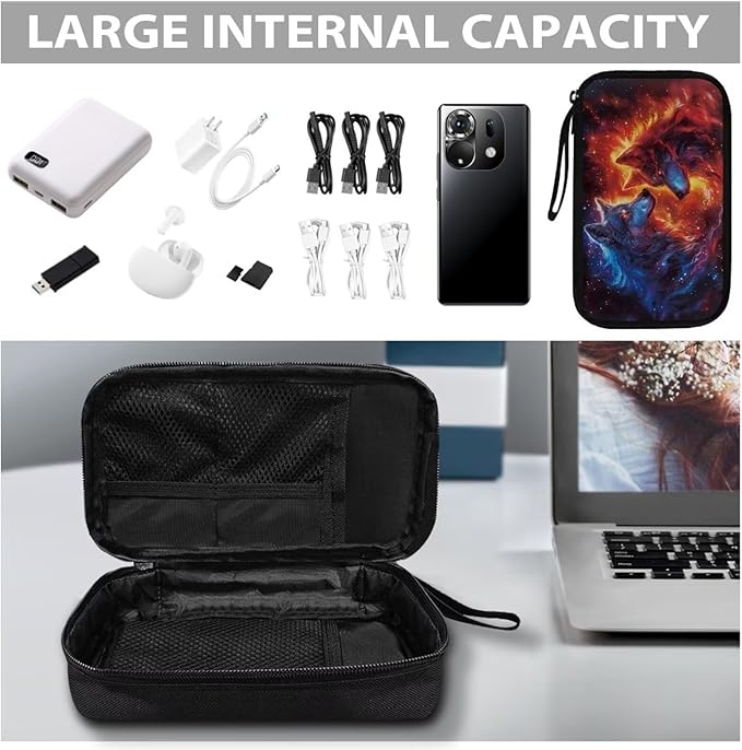 Galaxy Fire Wolf Print Electronics Organizer Travel Case, Water Resistant Cable Organizer Bag for Travel Essentials, Tech Gifts for Men, Storage Bag as Accessories for Phone, Cord