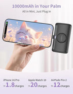 RORRY PalmGo Portable Charger, 10000mAh PD 22.5W Fast Charging Mini Power Bank with Built-in USB C Connector, 3-in-1 Battery Pack for iPhone 17/16/15 Pro/Max, Apple Watch Ultra/11/10/SE, iPad, Black