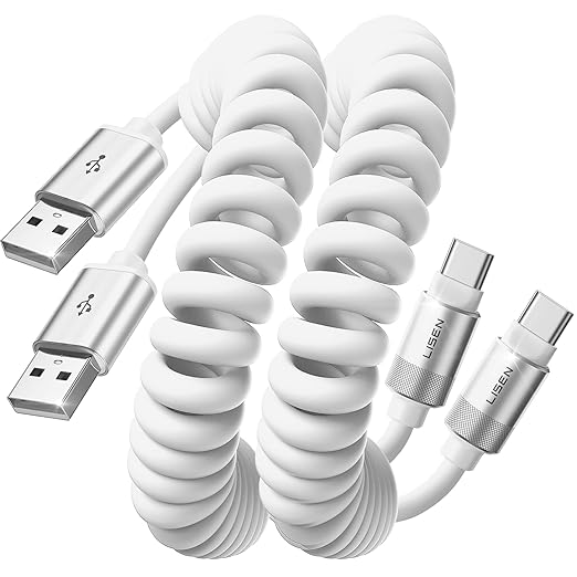 LISEN Coiled USB C Cable, 2 Pack for Android Auto & CarPlay Cable, Short USB A to USB C Cable Compatible with iPhone 17/16/15, Samsung Galaxy S25/S24/S23 A15/A14, Google Pixel 9/8, White 4FT