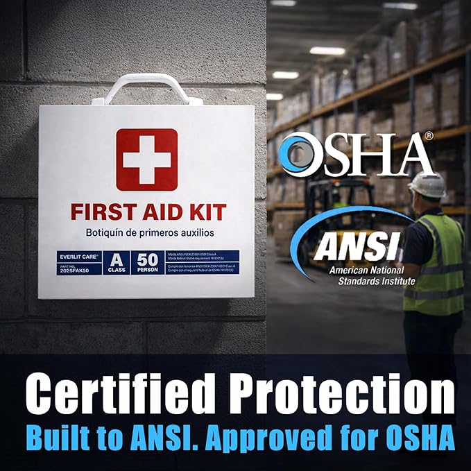 EVERLIT CARE 2-Shelf OSHA-Compliant First Aid Kit, ANSI Class A 50 Person Emergency First Aid Cabinet for Buiness, Job Site, Industrial Manufacturing Facility, Restaurant, and Kitchen