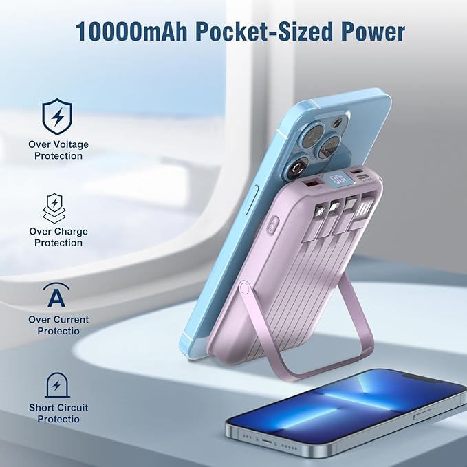 Wireless Portable Charger 10000mAh,Magnetic Power Bank with Built-in Cables LED Display,22.5W PD Fast Charging for Magsafe Battery Pack Compatible with iPhone16/15/14/13/12/Pro/Pro Max(Purple)