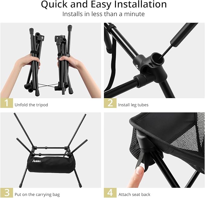 Anbte Extra Height & Width Portable Camping Chair, 400LBS Capacity Compact Folding Chair with Square Frame Quick Setup Storage Bags on Both Sides, Ideal for Camping Hiking Beach Picnic Outdoor, Black