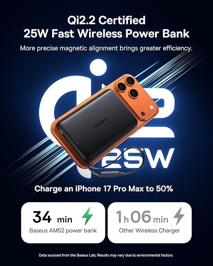 Baseus Picogo AM52 MagSafe Power Bank, Qi2.2 25W 10,000mAh 0.6" Slim Built-in 45W USB-C Cable, Bundle with 20000mAh Wireless Portable Charger for iPhone 17/16/15/14/13/12