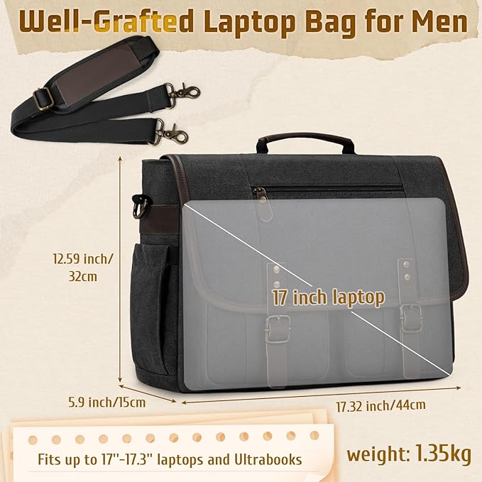 RAINSMORE Mens Messenger Bag 17-17.3 Inch Vintage Canvas Briefcase Water-resistant Large Computer Laptop Bag Rugged Satchel Shoulder Bag for Work Travel, Bookbag for College
