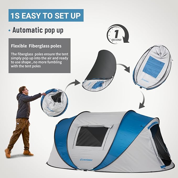 EchoSmile Pop Up Camping Tent, 2/4/6 Person Easy Setup Tent, Water Resistant Dome, Portable with Carry Bag