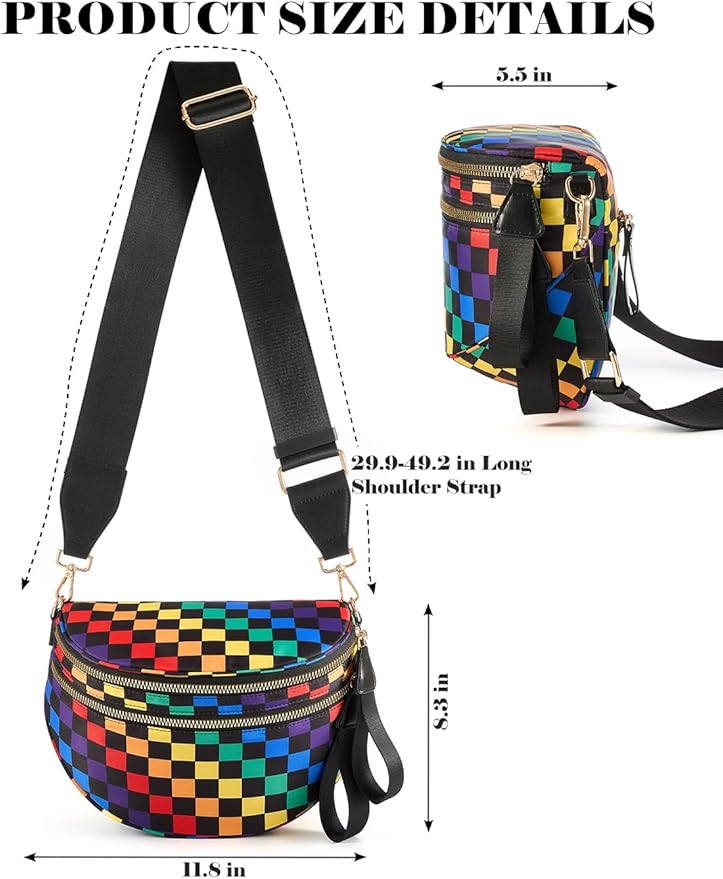 Black and White Checkered Crossbody Bag Bum Bag for Women,Spacious Checkered Purse Fanny Packs Belt Bag