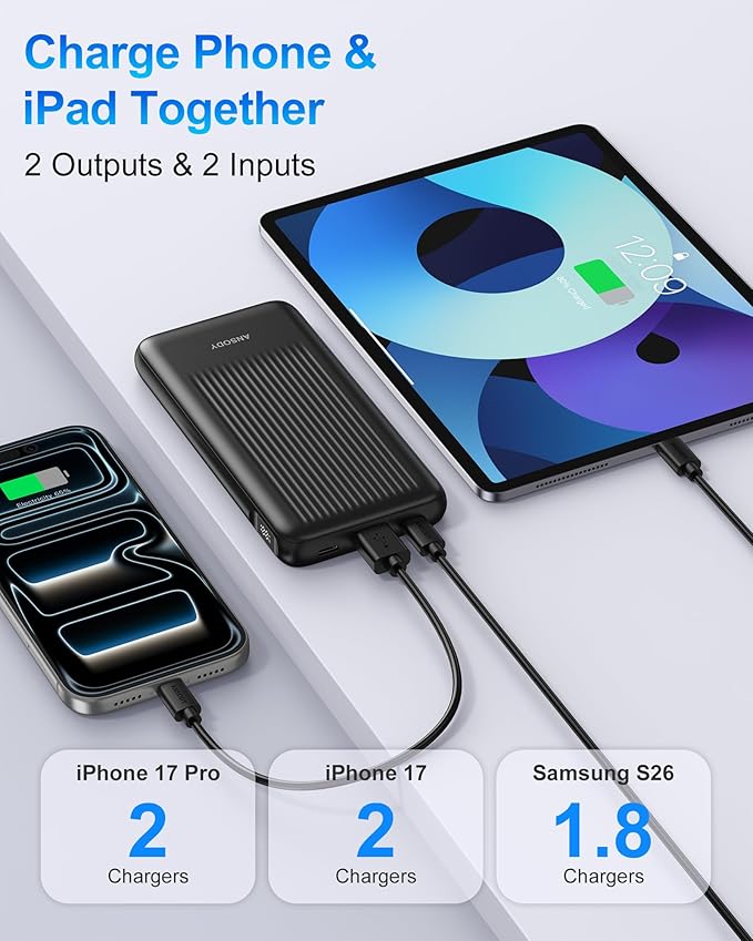 2-Pack Portable Charger, 10000mAh 22.5W Slim USB C Power Bank Fast Charging with 2 Outputs & 2 Inputs, Digital Display Battery Pack Compatible with iPhone Samsung iPad Tablets, Black & Black