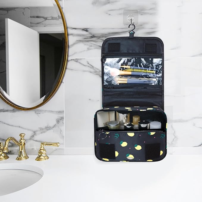 Lcsmaokin Large Capacity Toiletry Bag Travel Bag with Hanging Hook for Men and Women Waterproof Travel Cosmetic Bag Bathroom Storage Bag for Brushes Set,Full-Sized Shampoo,Accessories-Black Lemon