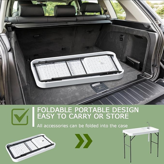 Folding Fish Cleaning Table with Sink, Portable Camping Sink Table with Measure Mark, Drainage Hose and Knife Groove, Outdoor Fish Fillet Cleaning Station for Picnic Fishing, White