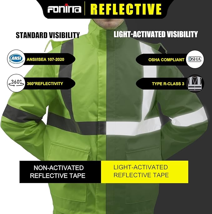 FONIRRA Hi Vis Safety Rainsuit for Men Waterproof Yellow Reflective Class 3 Rain Jacket Gear Pants(L/XL)