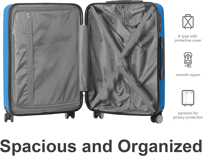 3-Piece Luggage Set 3 (20"/24"/28"), Hardside Suitcases with 8 Spinner Wheels, Scratch-Resistant ABS Shell, set2, set3 Travel Suitcase, TSA Lock (Ribbed Surface, Blue)