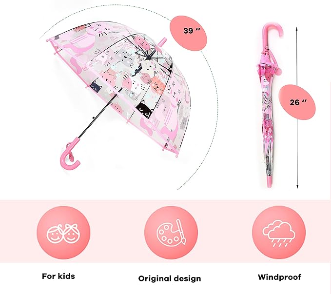MRTLLOA Kids Clear Bubble Umbrella with an Easy Grip Curved Handle, Safety Transparent Dome Bubble Umbrella for Toddler Boys Girls