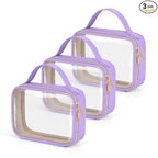 Wedama TSA Approved Toiletry Bag, 3 Pack Clear Makeup Bags with Handles, Quart Size PVC Clear Cosmetic Bags for Women and Men, Carry on Airport Airline Compliant Bag, Purple