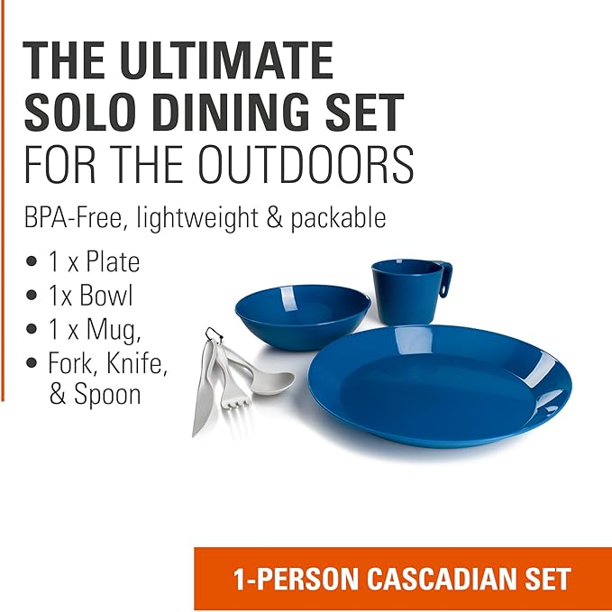 GSI Outdoors Cascadian Table Set I 6-Piece Camping, Backpacking Mess Kit, Plastic BPA Free, Plate, Bowl, Mug, Cup & Cutlery Set