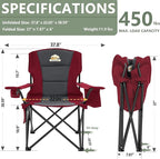 Colegence Oversized Folding Camping Chairs - 450 LBS Support Heavy Duty Camp Chair with Padded Cushion, Portable Outside Chairs with Carry Bag，Cooler, Cup Holder for Outdoor, Lawn, Sports - Red