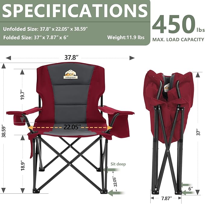 Colegence Oversized Folding Camping Chairs - 450 LBS Support Heavy Duty Camp Chair with Padded Cushion, Portable Outside Chairs with Carry Bag，Cooler, Cup Holder for Outdoor, Lawn, Sports - Red