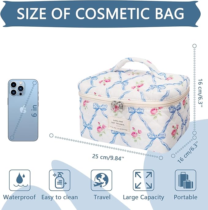 Gosect Large Makeup Bag, Cute Cosmetic Bag for Women Girls, Floral Coquette Aesthetic Toiletry Bag, Travel Make Up Organizer Bag (Blue Butterfly)