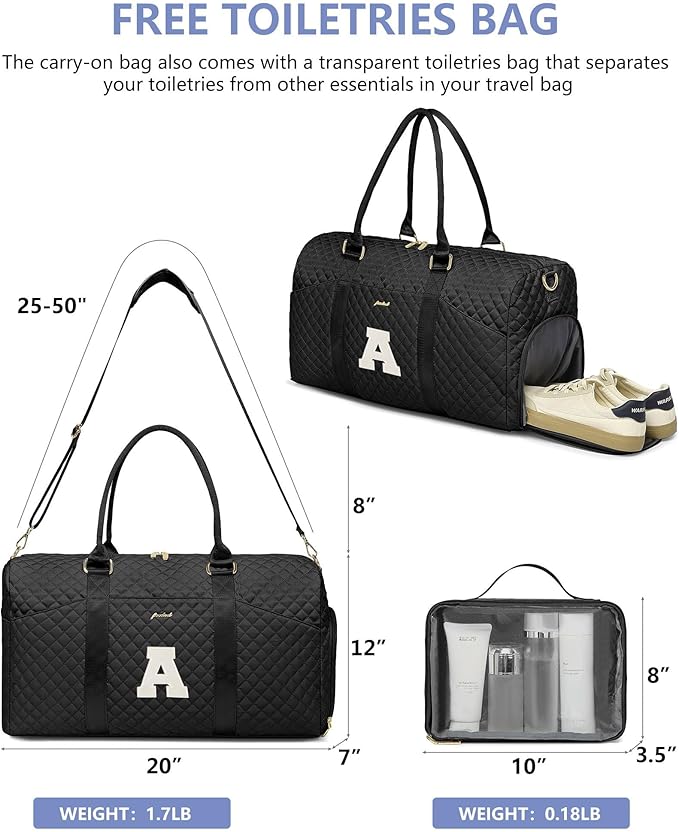 Women Weekender Travel Duffle Bag: Initial Duffel Overnight Bags with Shoe Compartment Large Carry on Tote with Toiletry Bag Weekend Traveling Yoga Gym Hospital Bag for Women with Wet Pocket Letter A