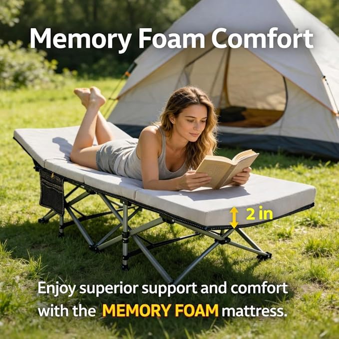 ABORON Camping Cot with 2in Memory Foam Mattress, 900LBS Heavy Duty Sleeping Cot for Adults, Extra Wide Sleeping Cot, 1200D Double Layer Oxford Cot for Camping, Guest, Office Nap