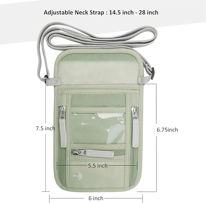 WALNEW Passport Holder Neck Pouch Travel Wallet for Women and Men, RFID Blocking Security Slim Traveling Wallet with Around Neck Lanyard Strap, Light Green