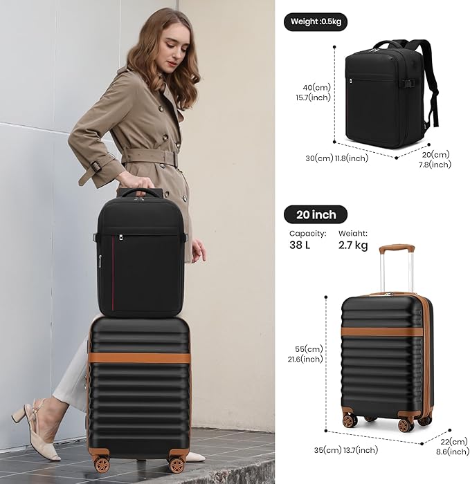 Kono Airline Approved Suitcase Set 3 Piece Luggage Set Lightweight Carry On Travel Luggage, TSA Lock Spinner Wheels Hardshell (Black/Brown, (BP/20))