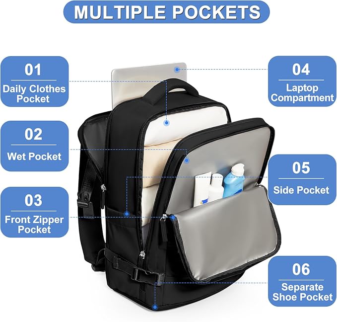 coofay Large Travel Backpack For Women Airline Approved Carry On Waterproof Sports Luggage Casual Daypack Small Hiking Backpack Black