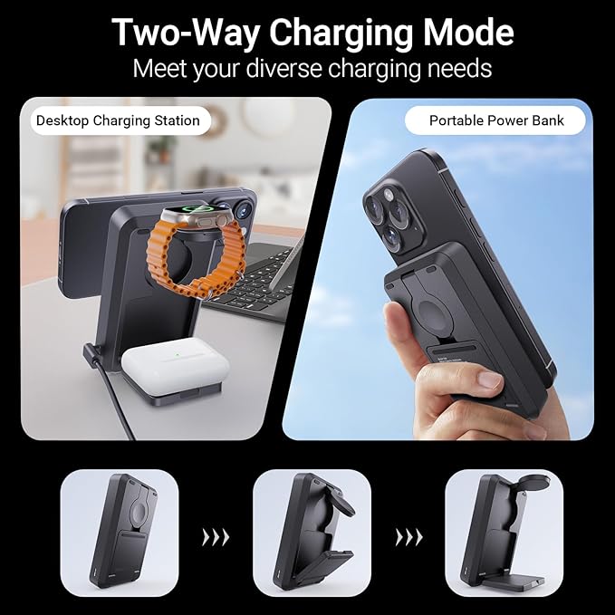 Kysson 5-in-1 Portable Charger,10000mAh Foldable Power Bank Fast Charging,MagSafe Charger Battery Pack Magnetic,Travel Wireless Charging Station for iPhone 17/16/15/14/13/12,iWatch,Air pods,MatteBlack