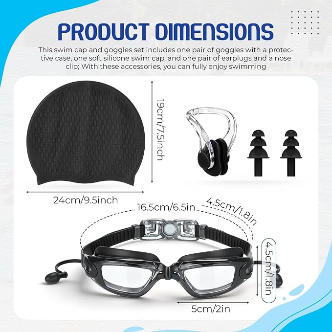 Tallew Swim Goggles Swimming Cap Set with Earplugs, Nose Clip and Case Silicone Swim Hat Waterproof Chlorine Resistant