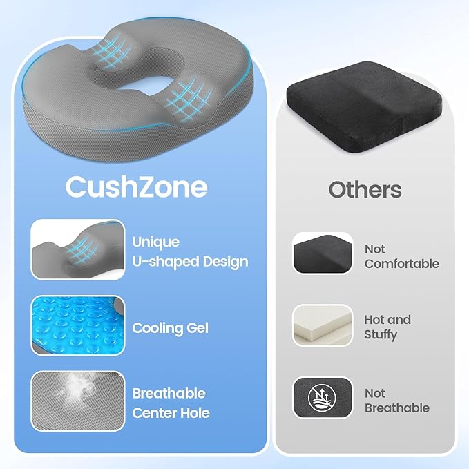 Donut Pillow Seat Cushion - Cooling Gel Donut Chair Cushions, Memory Foam Seat Cushion for Office & Home, Car Seat Cushion and Butt Pillow, Hemorrhoids Pillow and Tailbone Pain Relief, Light Grey