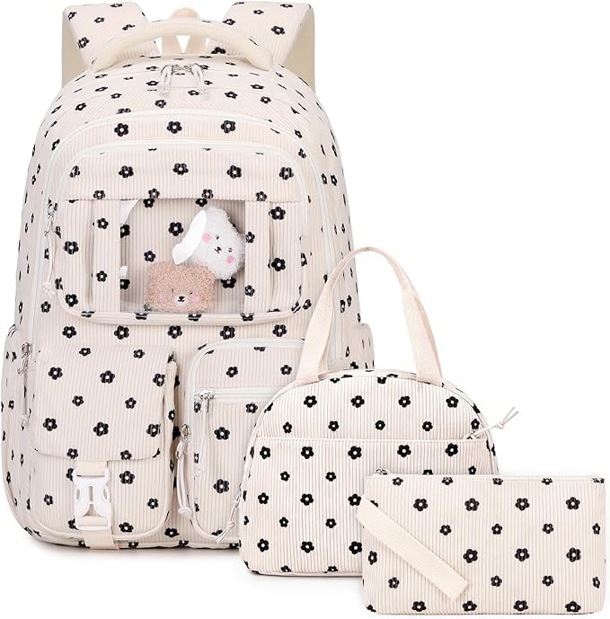 PIG PIG GIRL Corduroy Backpack 3PCS Kids Backpack for Girls School Bags for Middle School Students Book Bag for Elementary Primary Kawaii Ita Backpack with Lunch Box Pencil Case Set, Flower