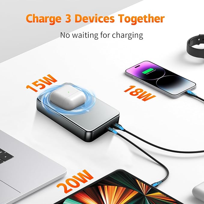 26800mAh Magnetic Power Bank, Mag-Safe Compatible Wireless Portable Charger, Aluminum Alloy, Large Capacity 20W Fast Charging USB-C, Travel Essential, for iPhone 17/16/15/14/13/12 Series, Silver Gray