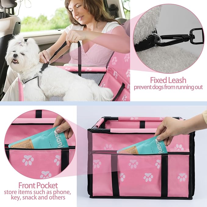 Dog Car Seat Foldable Dog Car Booster Seat Waterproof Breathable Oxford Travel Bag for Small to Medium Dogs, Puppies, and Pets-Footprint Pink-Upgrade