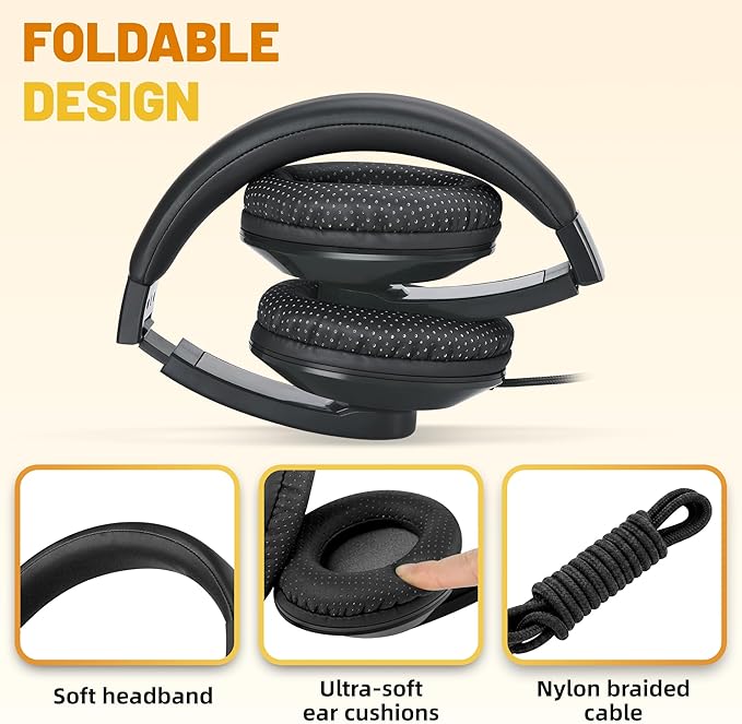 rockpapa Comfort Kids Headphones for School, Lightweight Foldable Portable Childs Boys Girls Teens Headphones Wired 3.5mm with 4.9ft Cord for Travel Airplane Tablet Phone Pad Laptop Black