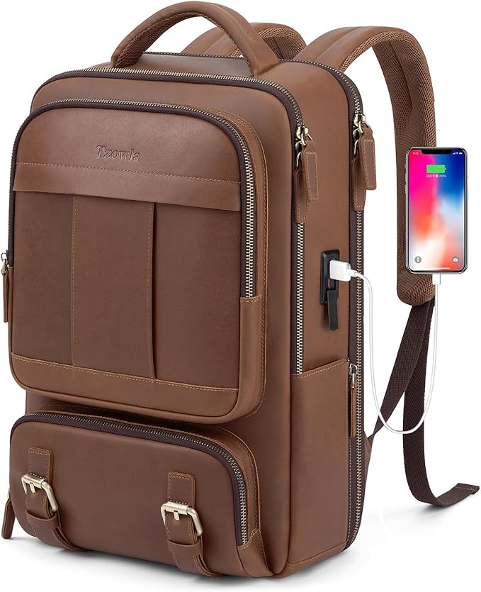 Tzowla Leather Laptop Backpack, Bag for Men and Women,Business Travel Work Rucksack Fits 15.6 Inch Laptop, Vintage Bookbag