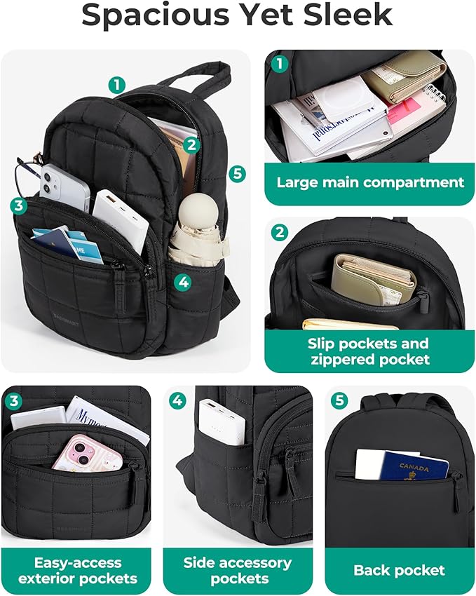 BAGSMART College Laptop Backpack, Travel Backpack for Women, Quilted Casual Daypack, Water-Resistant Bookbag, Mini-9.7 inch, Classic Black