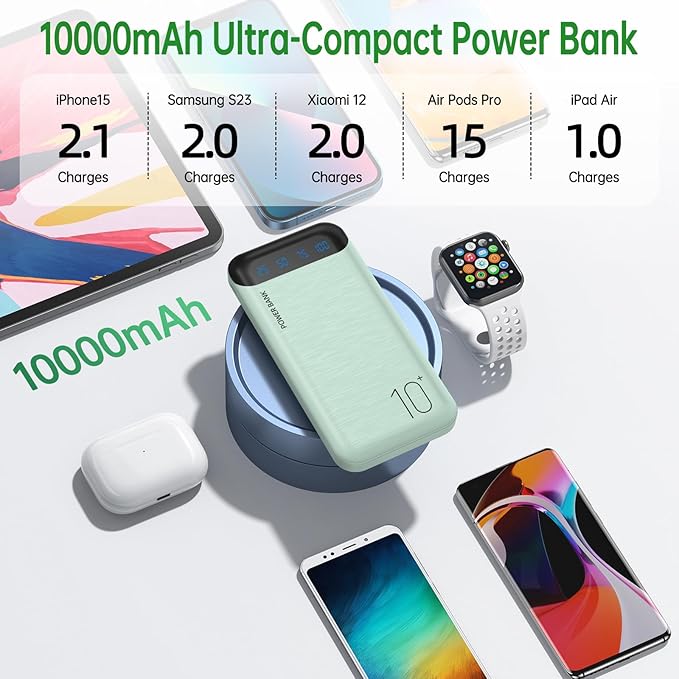 YOBON Power Bank 10000mAh Portable Charger Slim Battery Pack with 2 USB 2.4A Outputs and USB C in/Out Compatible with Huawei iPhone 16 15 14 13 12 iPad Samsung Galaxy S20 Android Tablet (Light Green)