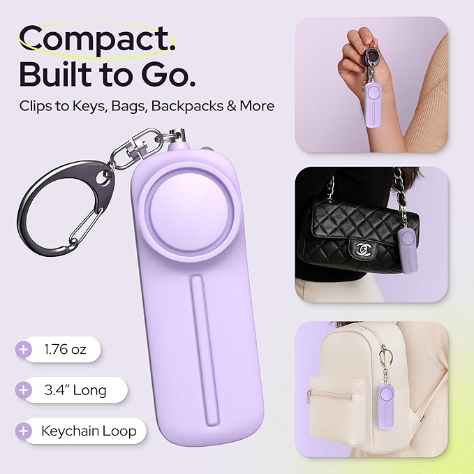 Weten Personal Safety Alarm Keychain - 130dB Siren, LED Light, Panic Pin – Compact Self-Defense Device and Emergency Whistle Alternative for Women, College, Travel, and Night Walk Protection (Purple)