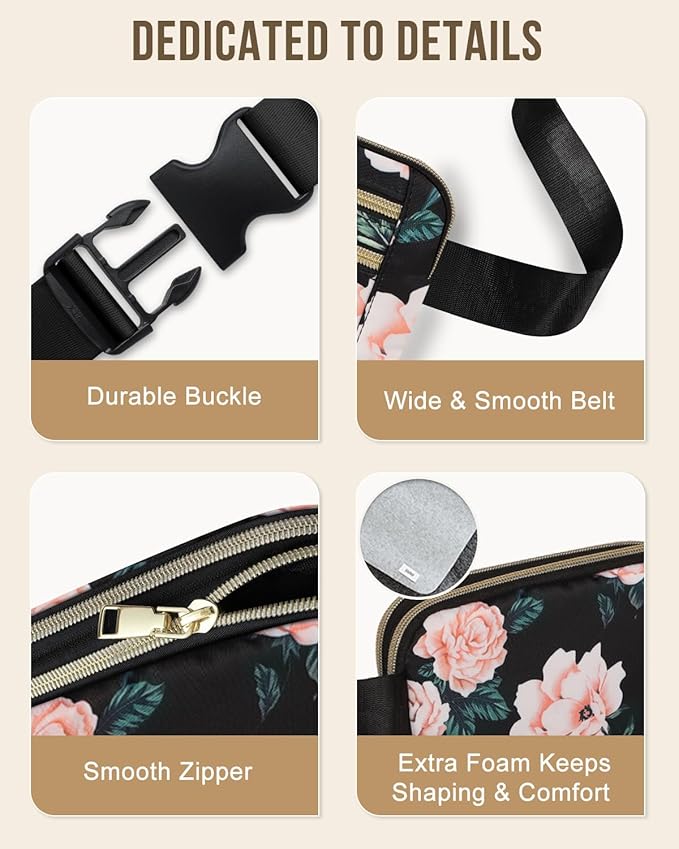 Capolo Fanny Packs for Women Fashion Waist Packs Bag with Adjustable Strap and 4 Zipper Pockets Waterproof Everywhere Crossbody Belt Bag for Workout Running Travelling(Black Flower)