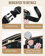Capolo Fanny Packs for Women Fashion Waist Packs Bag with Adjustable Strap and 4 Zipper Pockets Waterproof Everywhere Crossbody Belt Bag for Workout Running Travelling(Black Flower, Large)