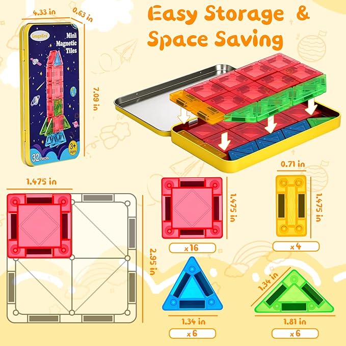 Magnetic Tiles Magnetic Blocks Building Toy: Portable Mini Magnetic Tiles Travel Set 32 Pieces Montessori Toys Birthday Gift for Kids Girls and Boys Ages 3-12 Years Old Preschool Classroom Must Haves