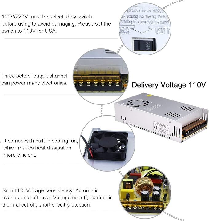 30A 360W 12V DC Power Supply, Universal Regulated Switching AC 110V/220V to DC Converter (SMPS) Transformer Driver Adapter for LED Strip Lights, CCTV Camera System, 3D Printer, Radio, Computer Project