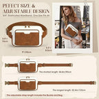 RAINSMORE Fanny Packs for Women, Leather Belt Bag Waterproof Everywhere Crossbody Waist Pack with Adjustable Strap Retro Sling Chest Bag for Work Running Travel Party, Brown with White