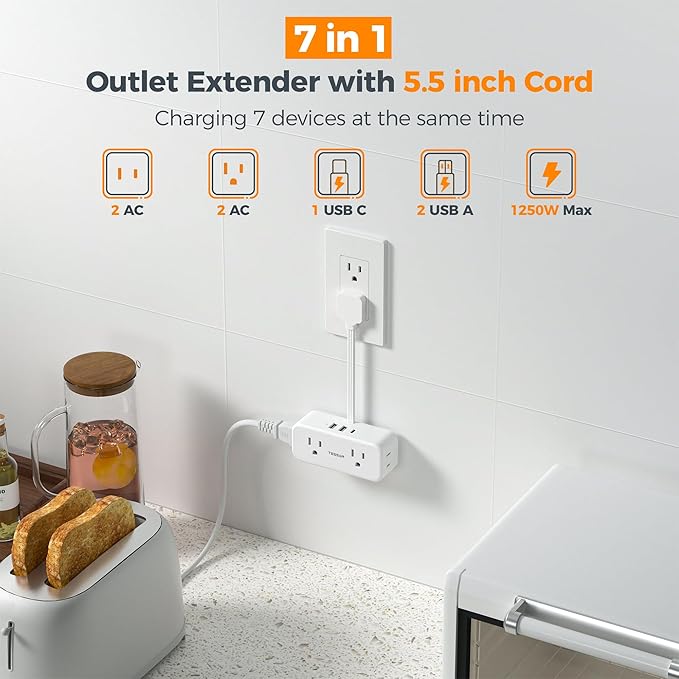 TESSAN Short Extension Cord 0.5Ft, Flat Plug Outlet Extender Surge Protector with 4 Widely AC with 3 USB Ports (1 USB C), Multi Plug Small Power Strip for Travel, Home, College Dorm Essentials, White