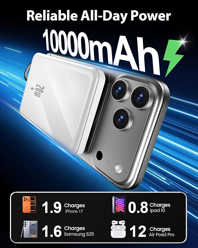 golioklsy Portable Charger Power Bank, 10000mAh Phone Charger with Built-in Cable, 20W PD Fast Charging, Slim Battery Pack with LED Display, Travel Essential for iPhone 17/16/15/14 All Series, White
