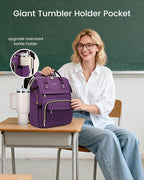 LOVEVOOK Laptop Backpack for Women with Giant Tumbler Holder Pocket,18 inch Waterproof Travel Backpack Purse Computer Laptop Bag,Professional Work College Nurse Teacher Backpack Daypack,Dark Purple