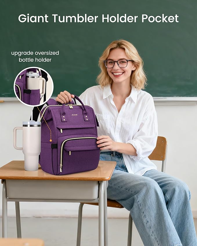 LOVEVOOK Laptop Backpack for Women with Giant Tumbler Holder Pocket,15.6 inch Waterproof Travel Backpack Purse Computer Laptop Bag,Professional Work College Nurse Teacher Backpack Daypack,Dark Purple
