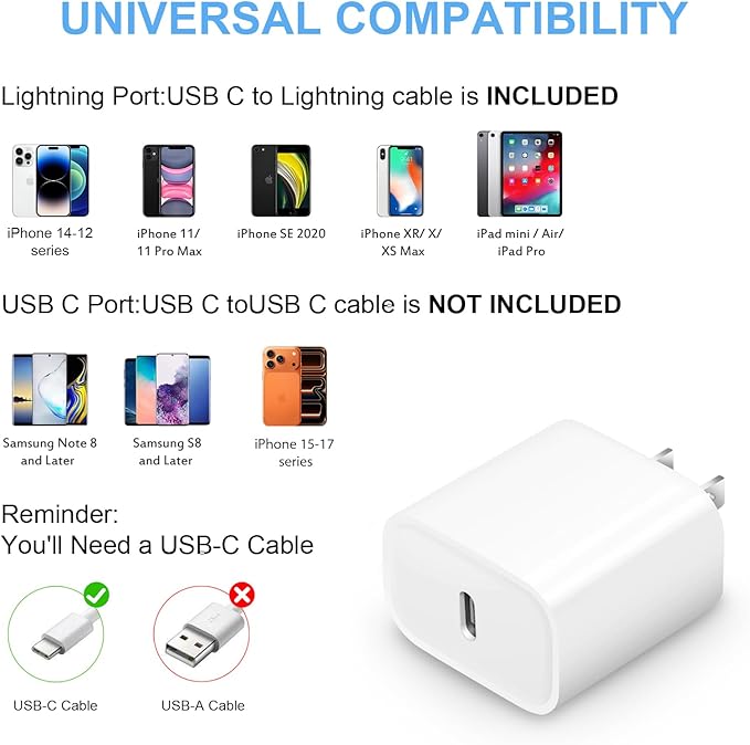 10FT iPhone Fast Charger 3+3Pack 20W USB C Wall Charger with 10FT Fast Charging Cable Compatible with iPhone 14/13/12/11/Pro/Pro Max 20251010