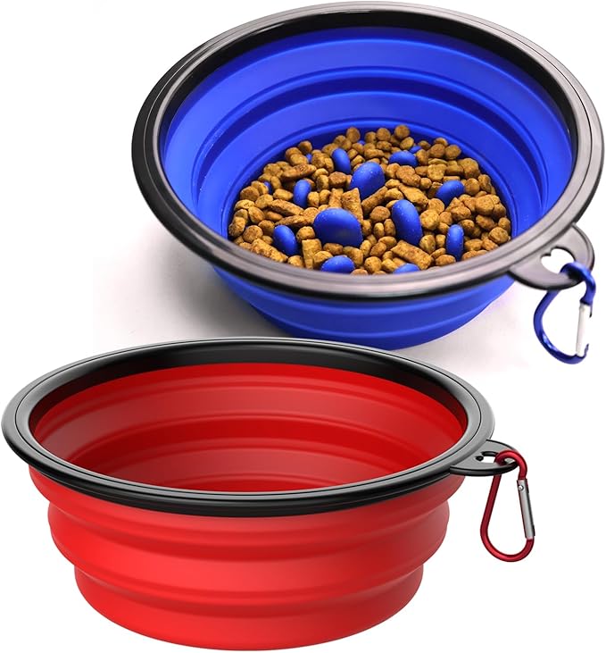 Collapsible Dog Bowls [2 Pack] 34 oz, Slow Feeder Bowl, Travel Dog Bowls Pet Portable Foldable Water Food Feeding Dishes with Carabiner Clip for Traveling Hiking Walking-Red & Blue